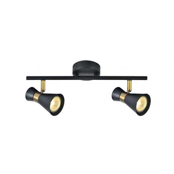 Regleta de focos orientables GU10 en acabado negro y cuero para iluminación interior moderna, modelo Abrila AI2 máximo 2 focos, ideal para decoración doméstica en metal.