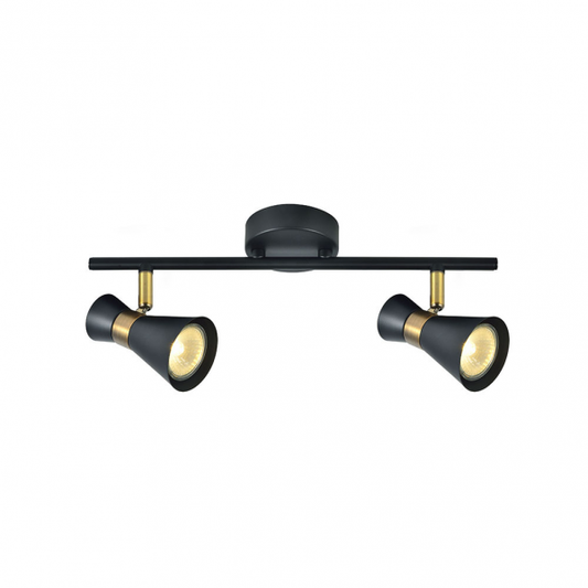 Regleta de focos orientables GU10 en acabado negro y cuero para iluminación interior moderna, modelo Abrila AI2 máximo 2 focos, ideal para decoración doméstica en metal.