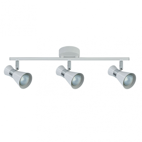 Regleta de focos orientables Abrila Maximo 3xGU10 en blanco y cromo, diseño moderno de metal para iluminación interior doméstica y decoración contemporánea.
