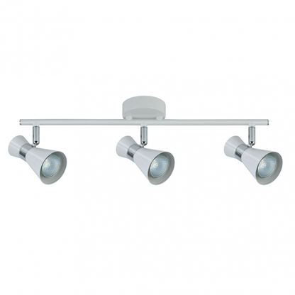 Regleta de focos orientables Abrila Maximo 3xGU10 en blanco y cromo, diseño moderno de metal para iluminación interior doméstica y decoración contemporánea.
