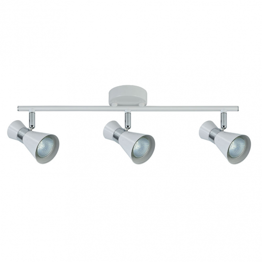 Regleta de focos orientables Abrila Maximo 3xGU10 en blanco y cromo, diseño moderno de metal para iluminación interior doméstica y decoración contemporánea.