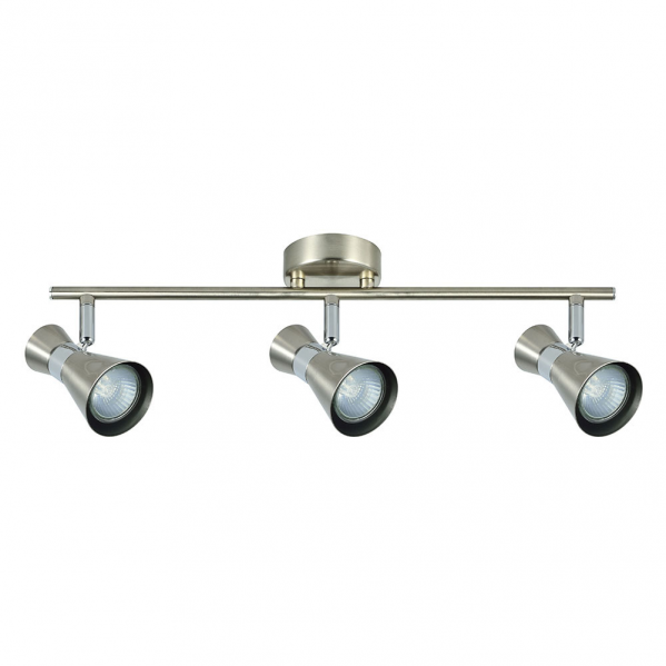 Regleta de focos modernos Abrila con capacidad para máximo 3 bombillas GU10 en acabado níquel/cromo, ideal para iluminación interior doméstica y decoración del hogar en estilo contemporáneo.