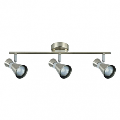 Regleta de focos modernos Abrila con capacidad para máximo 3 bombillas GU10 en acabado níquel/cromo, ideal para iluminación interior doméstica y decoración del hogar en estilo contemporáneo.
