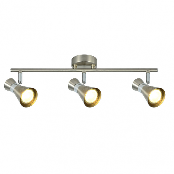 Regleta de focos GU10 en acabado níquel/cromo, modelo Abrila 142393003, ideal para iluminación interior moderna en el hogar. Diseño metálico para hasta 3 bombillas GU10, estilo decorativo y funcional.