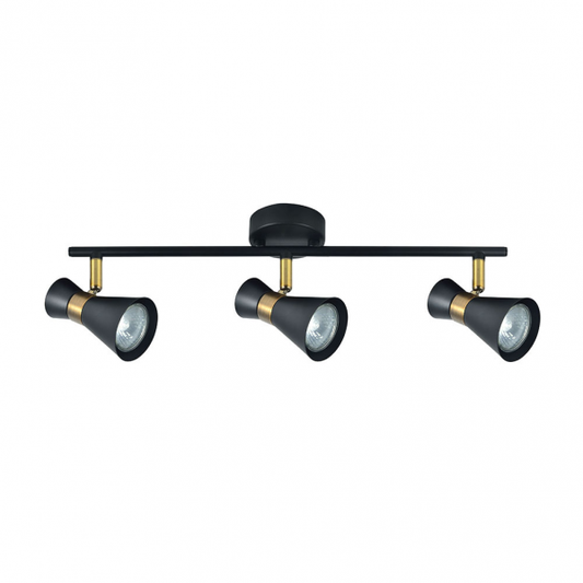 Regleta de focos modernos GU10 en acabado negro y cuero, modelo Abrila AI2 para iluminación interior doméstica y decoración minimalista, capacidad máxima 3 focos, referencia 142393009.