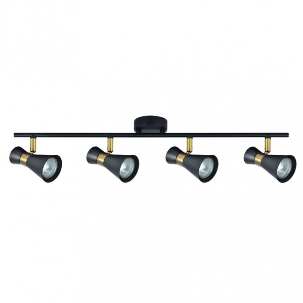 Regleta de iluminación Abrila Maximo 4xGU10 en negro con detalles en cuero, focos orientables GU10 para decoración interior moderna y doméstica, diseño en metal para iluminación ajustable en hogares.