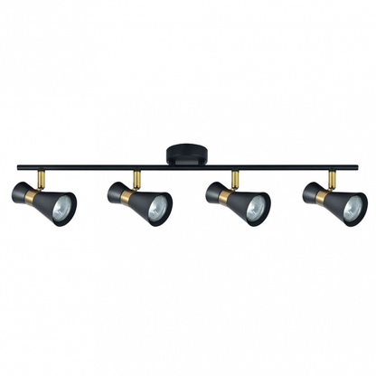 Regleta de iluminación Abrila Maximo 4xGU10 en negro con detalles en cuero, focos orientables GU10 para decoración interior moderna y doméstica, diseño en metal para iluminación ajustable en hogares.