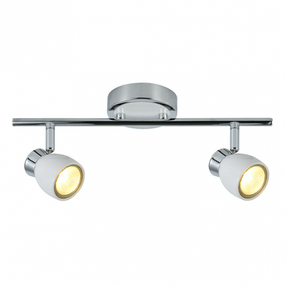 Regleta de focos Chacho 2xGU10 en blanco cromo de Abrila, diseño moderno de metal para iluminación interior doméstica y decoración con focos GU10.