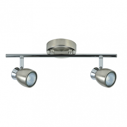 Regleta Chacho de Abrila en níquel con 2 focos GU10 orientables, diseño moderno para iluminación interior doméstica, dimensiones 14x36.5x10cm, referencia 142492003, ideal para focos LED en metal níquelado.