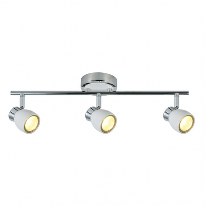 Regleta de focos Chacho 3xGU10 blanco de Abrila, modelo 142493001, con diseño moderno en metal blanco cromo, iluminación orientable GU10 para interiores domésticos y decoración contemporánea.