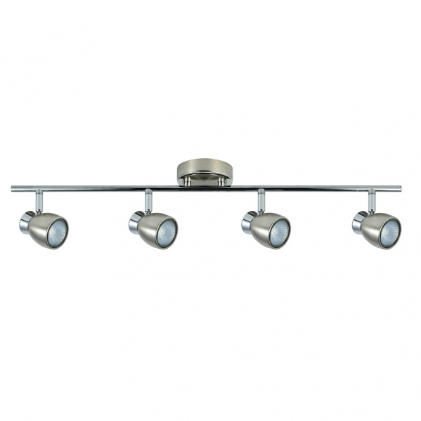Regleta de focos Chacho con 4 bombillas GU10 en acabado níquel cromado, diseño moderno y orientable de Abrila para iluminación doméstica e interior, referencia 142494003, ideal para decoración minimalista en metal.