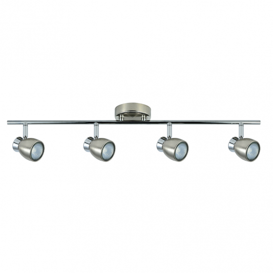 Regleta de focos Chacho con 4 bombillas GU10 en acabado níquel cromado, diseño moderno y orientable de Abrila para iluminación doméstica e interior, referencia 142494003, ideal para decoración minimalista en metal.
