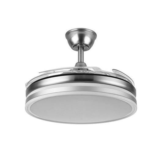 Ventilador de techo Bayomo en níquel satinado de 59W con aspas retráctiles, LED integrado y mando a distancia para ventilación en verano e invierno, modelo Abrila 142591403 ideal para interiores domésticos.