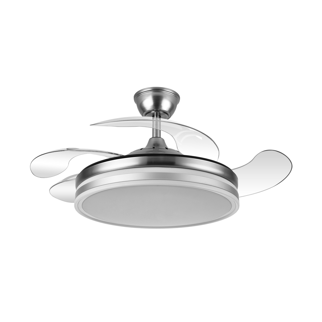 Ventilador de techo Bayomo en níquel satinado de 59W por Abrila modelo 142591403, con aspas retráctiles AI2 para uso doméstico interior, LED integrado, mando a distancia y función ventilación verano-invierno