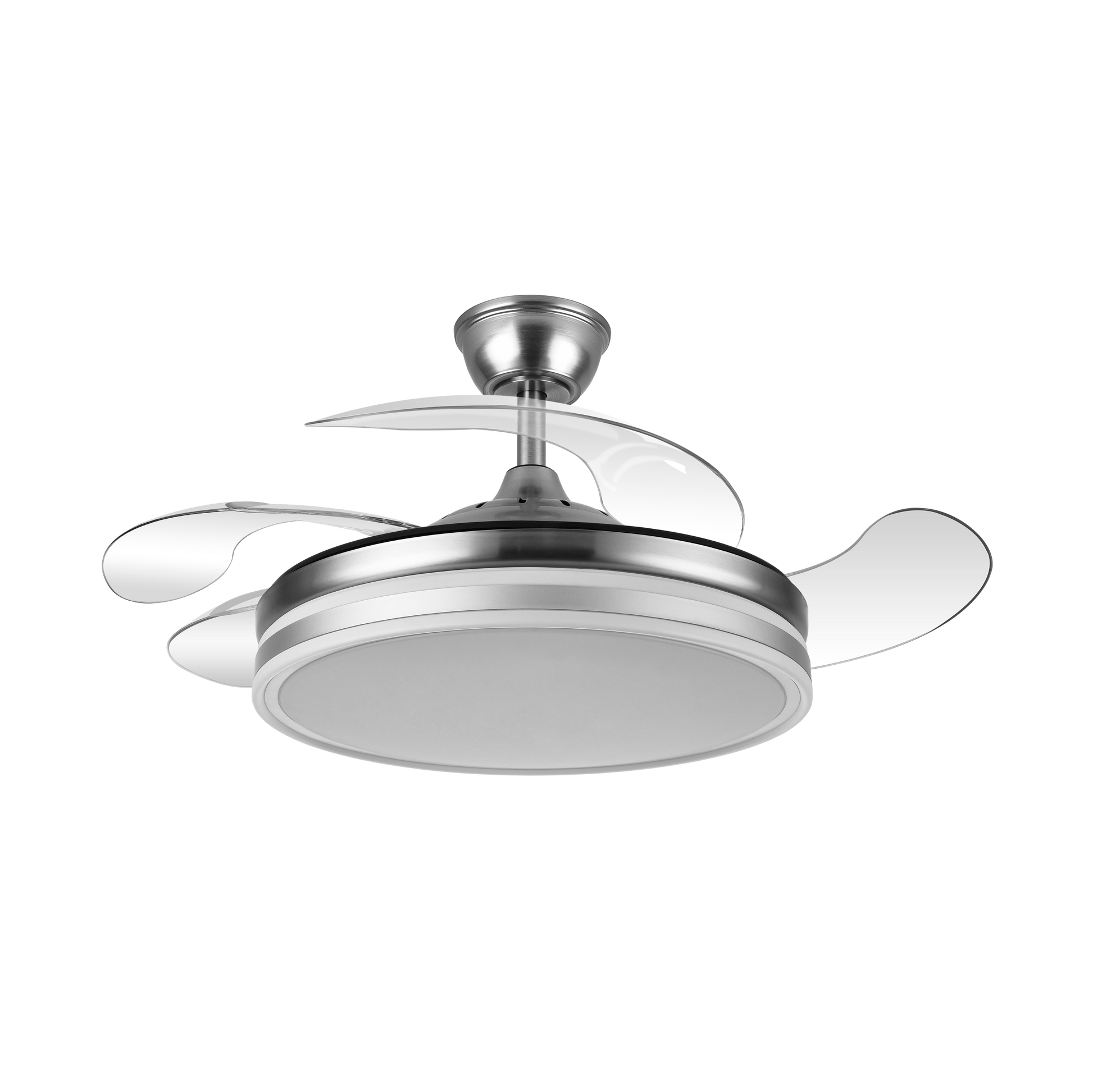 Ventilador de techo Bayomo en níquel satinado de 59W por Abrila modelo 142591403, con aspas retráctiles AI2 para uso doméstico interior, LED integrado, mando a distancia y función ventilación verano-invierno