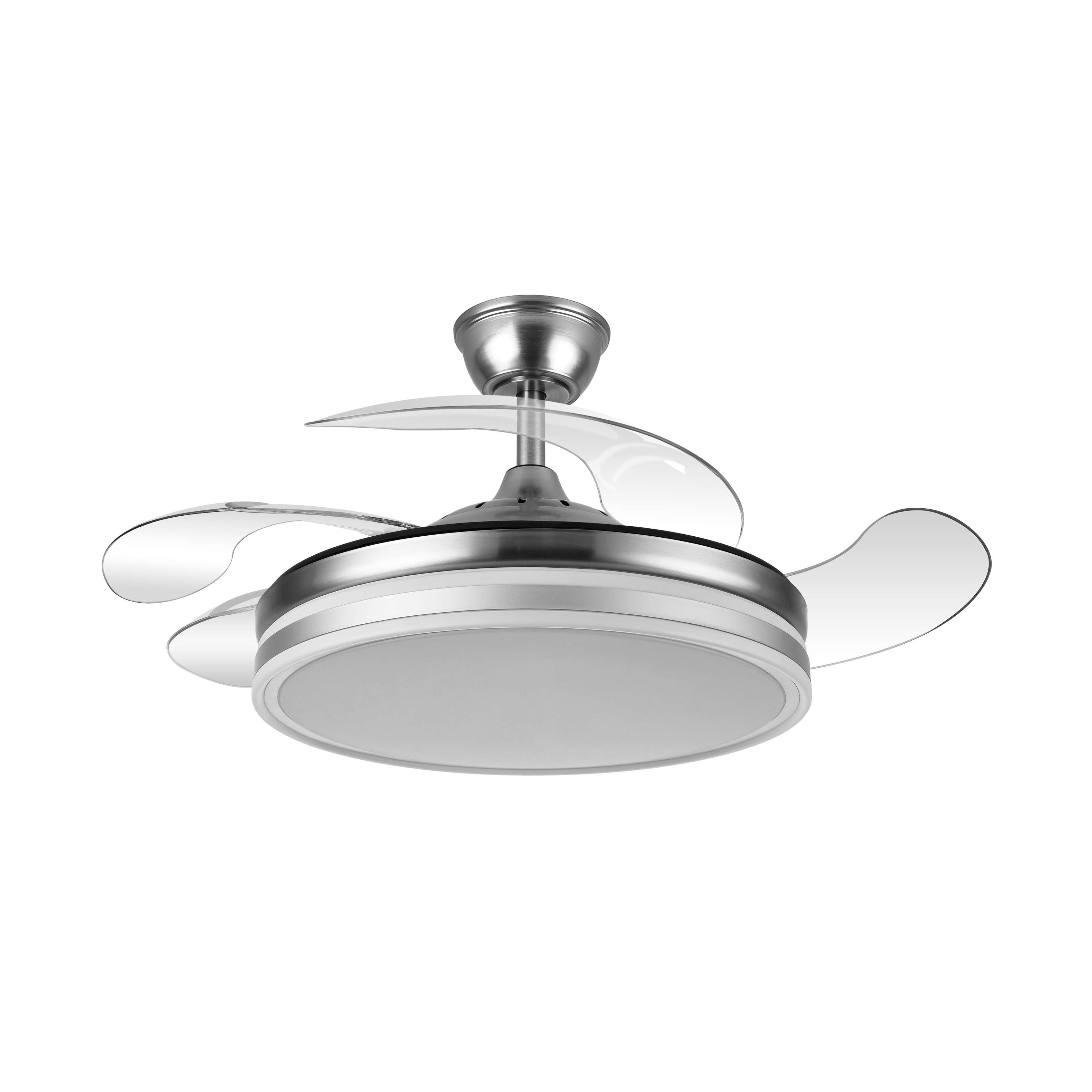 Ventilador de techo Bayomo en níquel satinado de 59W por Abrila modelo 142591403, con aspas retráctiles AI2 para uso doméstico interior, LED integrado, mando a distancia y función ventilación verano-invierno