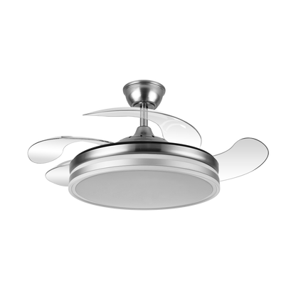 Ventilador de techo Bayomo en níquel satinado de 59W por Abrila modelo 142591403, con aspas retráctiles AI2 para uso doméstico interior, LED integrado, mando a distancia y función ventilación verano-invierno