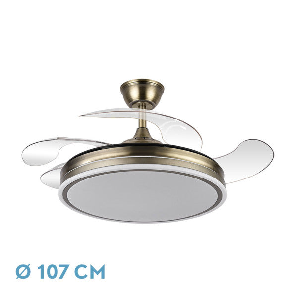 `alt=Ventilador techo Bayomo Cuero con LED integrado y motor DC, aspas retráctiles, ideal para uso interior doméstico en verano e invierno, modelo Abrila 142591414`