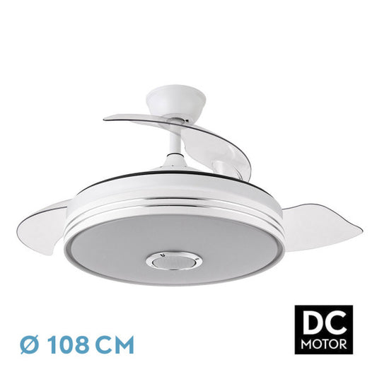 Ventilador de techo Matanuska blanco de Abrila, 72W, con aspas retráctiles y control Bluetooth, LED integrado para iluminación eficiente, ideal para ventilación en verano e invierno en interiores domésticos.
