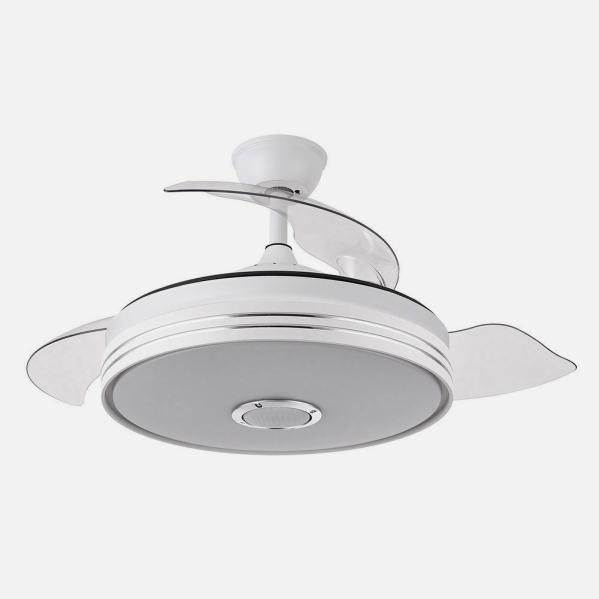 Ventilador de techo Matanuska blanco de Abrila, 72W, modelo 142791401 con aspas retráctiles, LED integrado, control Bluetooth y función verano-invierno para ventilación doméstica interior.