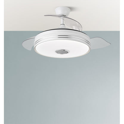Ventilador de techo Matanuska blanco de Abrila, 72W con aspas retráctiles, LED integrado y control Bluetooth para ventilación en verano e invierno, ideal para interiores domésticos.