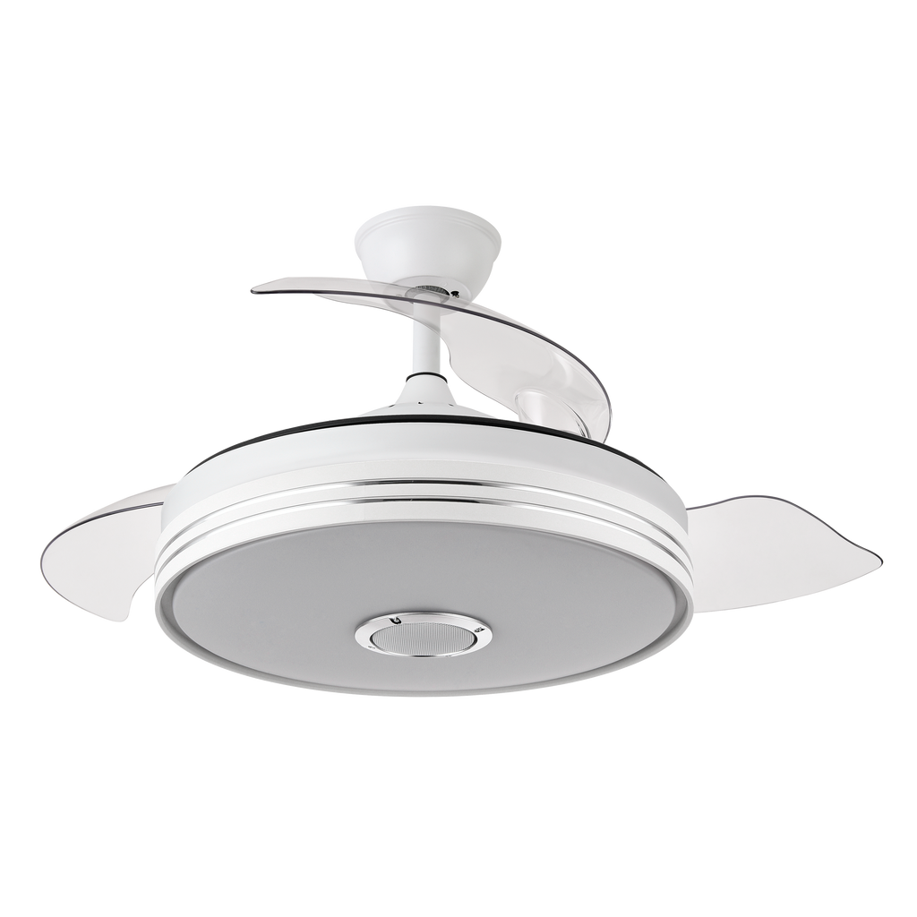 Ventilador de techo Matanuska blanco de Abrila, modelo 72W con aspas retráctiles, LED integrado y control Bluetooth para ventilación de verano e invierno en interiores domésticos.