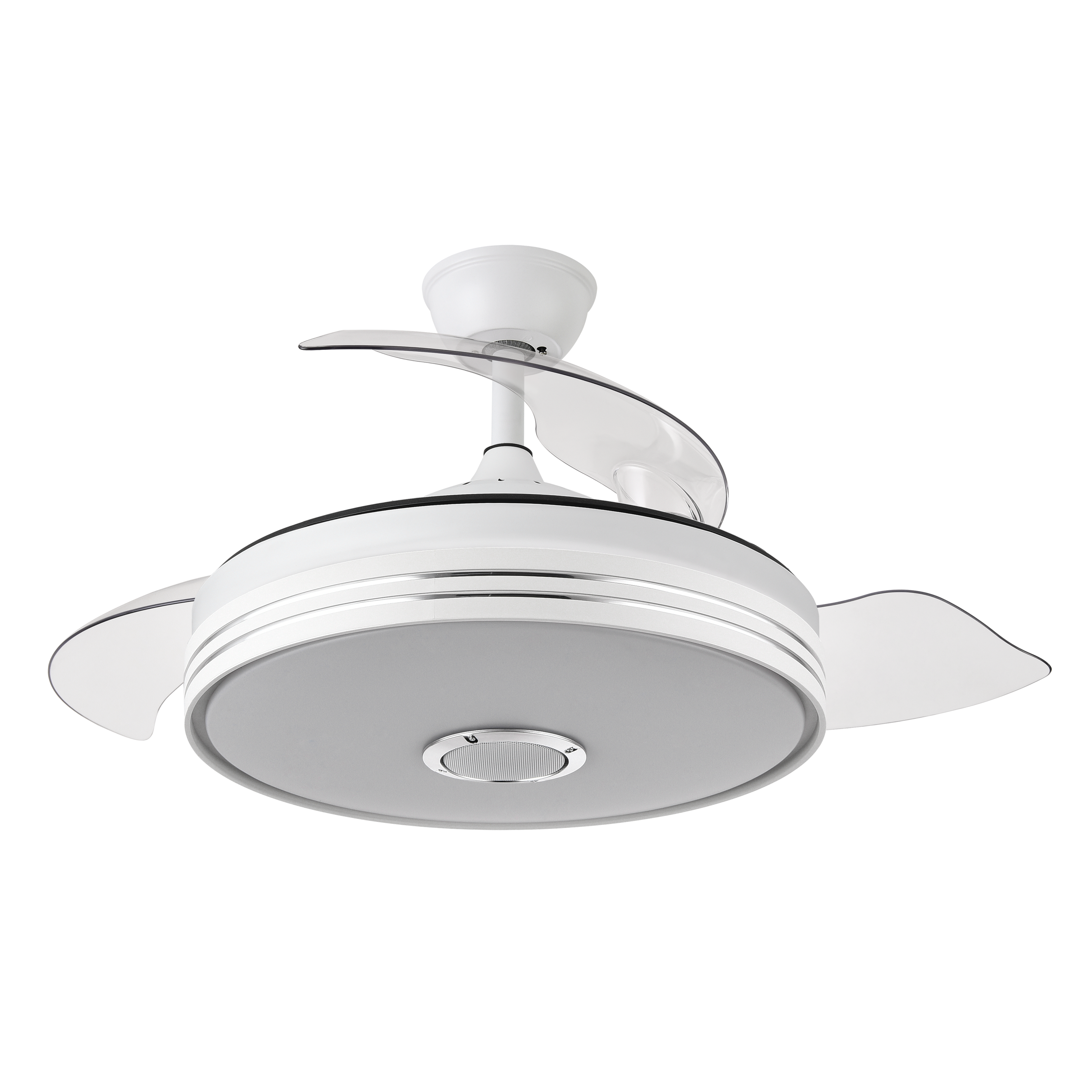 Ventilador de techo Matanuska blanco de Abrila, modelo 72W con aspas retráctiles, LED integrado y control Bluetooth para ventilación de verano e invierno en interiores domésticos.