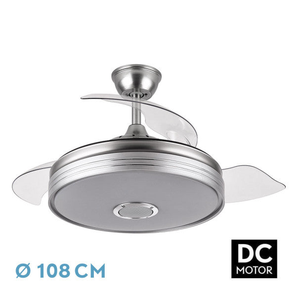 Ventilador de techo Matanuska en níquel satinado con Bluetooth, aspas retráctiles y luz LED regulable integrada, modelo Abrila 142791403 para interiores domésticos, motor DC eficiente para verano e invierno