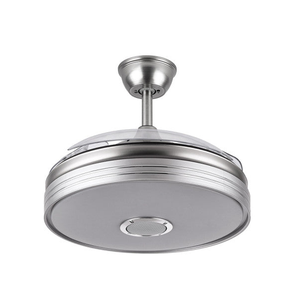 Ventilador de techo Matanuska en níquel satinado de Abrila con Bluetooth, aspas retráctiles y motor DC eficiente para uso doméstico interior. Incluye LED integrado con luz regulable, ideal para verano e invierno, modelo 142791403.