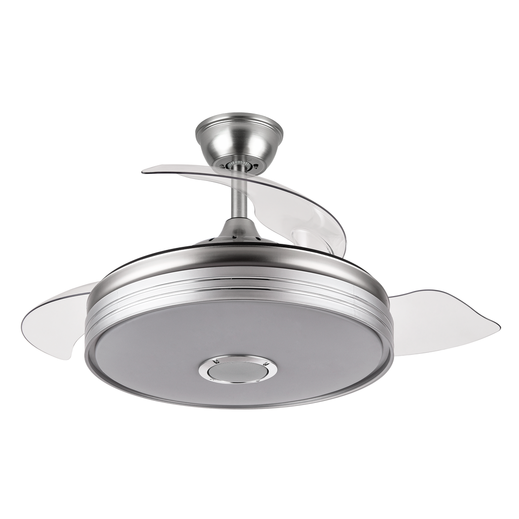 Ventilador de techo Matanuska en níquel satinado con Bluetooth de Abrila, modelo 142791403, aspas retráctiles para uso doméstico interior, motor DC eficiente, LED integrado con luz regulable, ideal para verano e invierno.