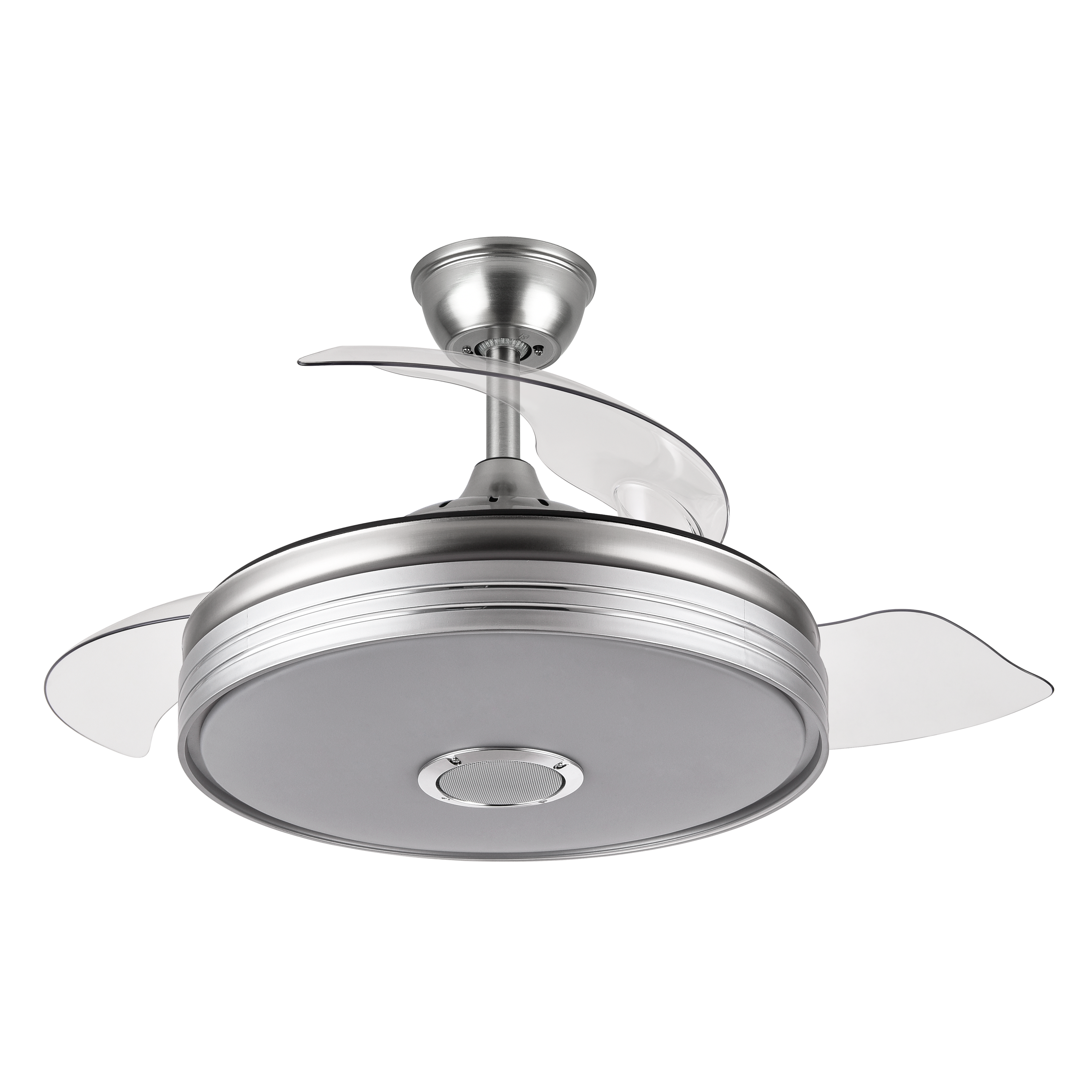 Ventilador de techo Matanuska en níquel satinado con Bluetooth de Abrila, modelo 142791403, aspas retráctiles para uso doméstico interior, motor DC eficiente, LED integrado con luz regulable, ideal para verano e invierno.