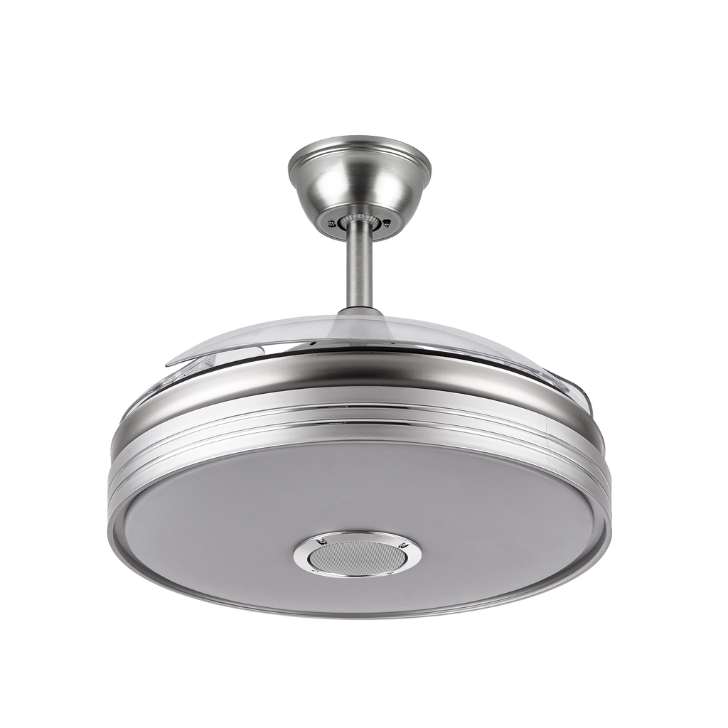 Ventilador de techo Matanuska en níquel satinado con Bluetooth de Abrila, modelo 142791403, aspas retráctiles para uso doméstico interior, motor DC eficiente, luz LED integrada regulable y función verano-invierno para confort óptimo en el hogar.