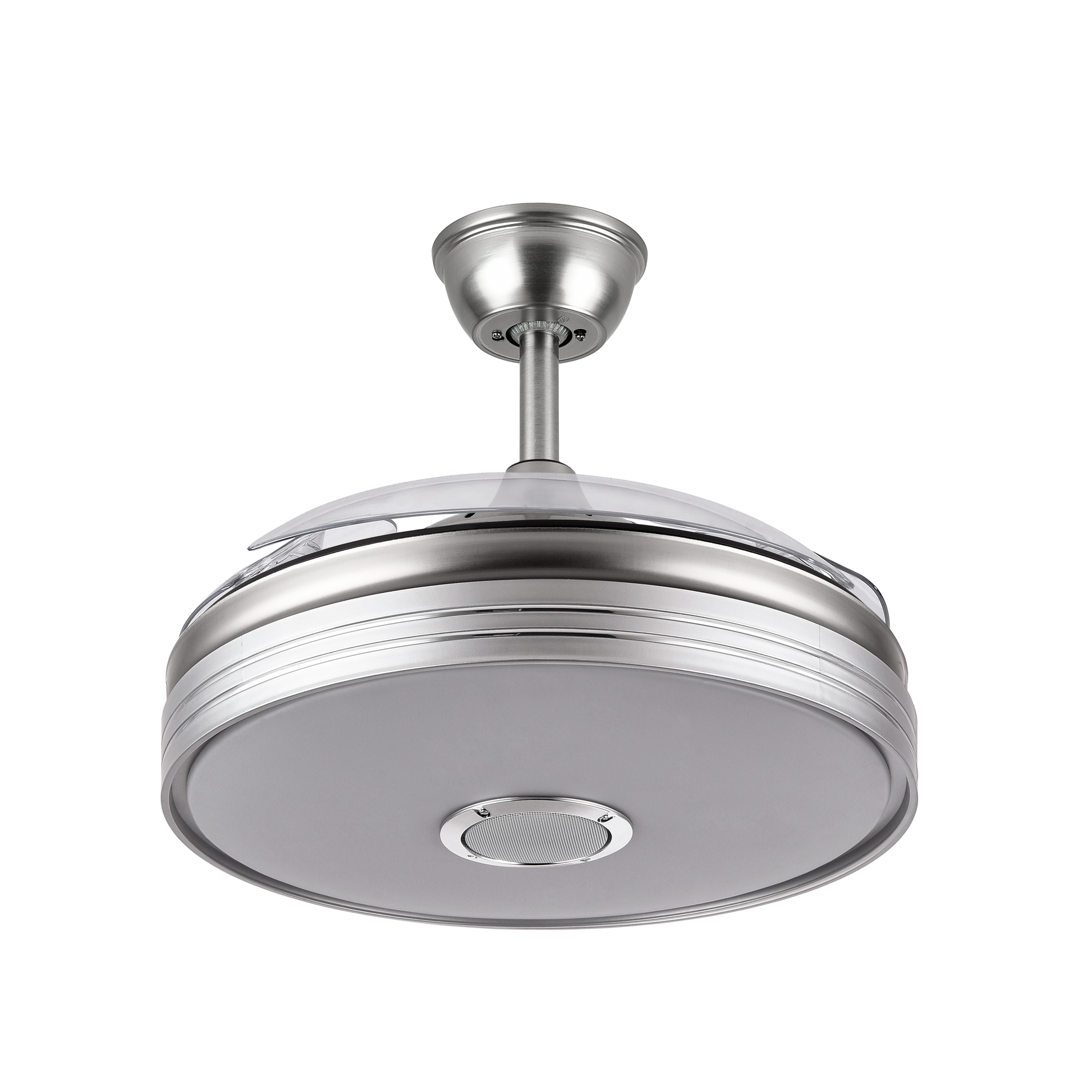 Ventilador de techo Matanuska en níquel satinado con Bluetooth de Abrila, modelo 142791403, aspas retráctiles para uso doméstico interior, motor DC eficiente, luz LED integrada regulable y función verano-invierno para confort óptimo en el hogar.