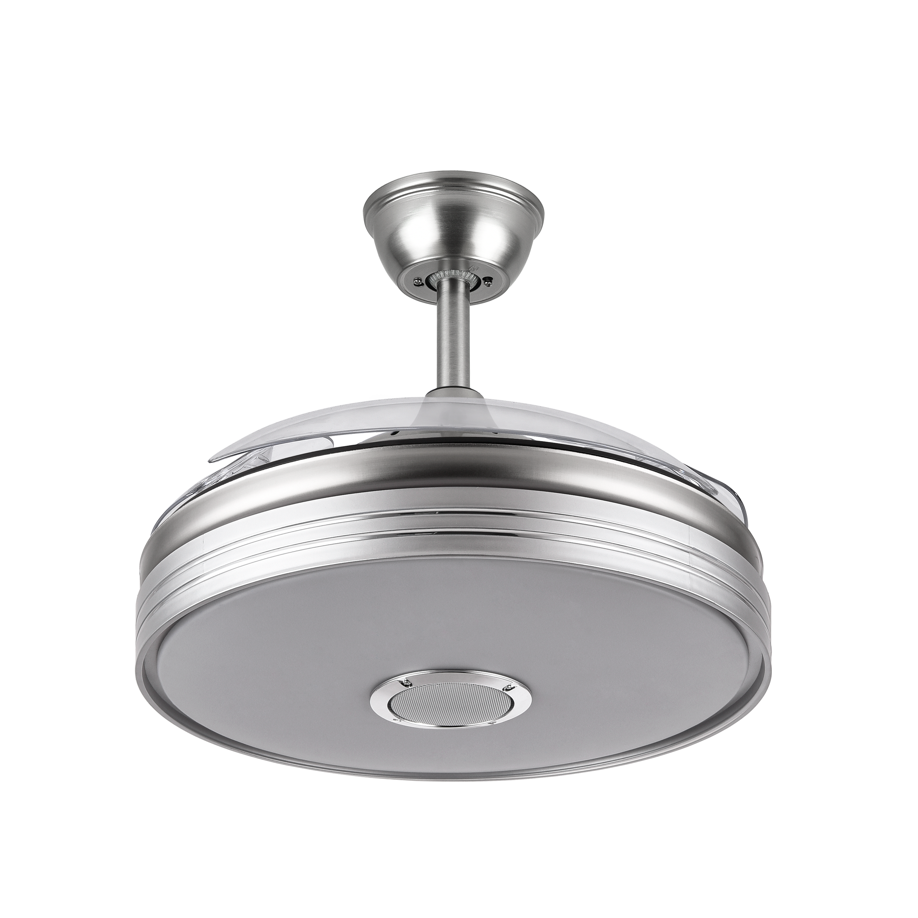 Ventilador de techo Matanuska en níquel satinado con Bluetooth de Abrila, modelo 142791403, aspas retráctiles para uso doméstico interior, motor DC eficiente, luz LED integrada regulable y función verano-invierno para confort óptimo en el hogar.