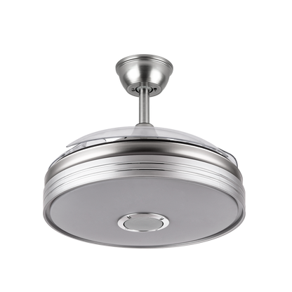 Ventilador de techo Matanuska en níquel satinado con Bluetooth de Abrila, modelo 142791403, aspas retráctiles para uso doméstico interior, motor DC eficiente, luz LED integrada regulable y función verano-invierno para confort óptimo en el hogar.