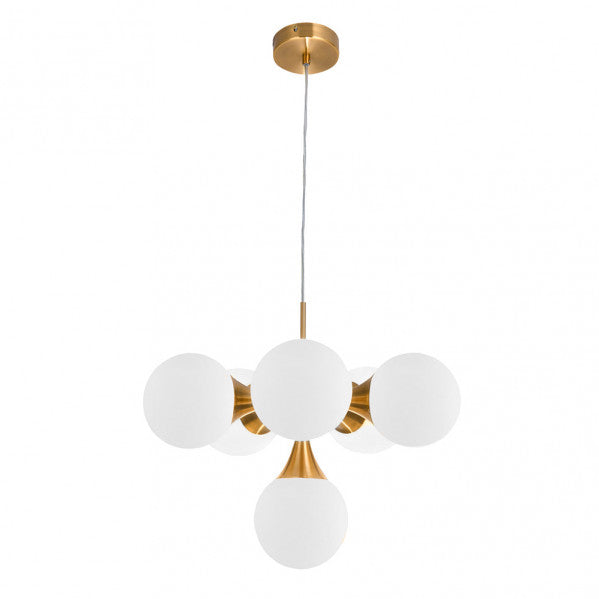 Lámpara colgante Frey de Abrila en oro con 6 bombillas E14, diseño moderno de cristal y metal, dimensiones 44x44 cm para decoración interior doméstica