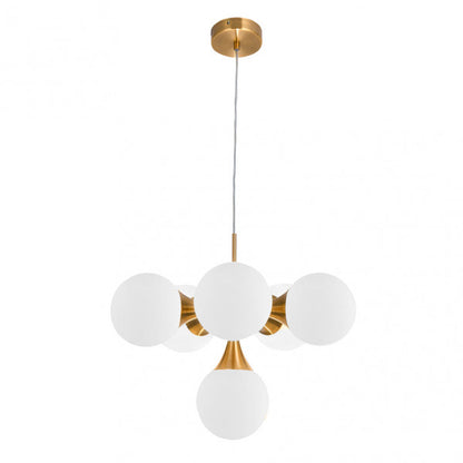 Lámpara colgante Frey de Abrila en oro con 6 bombillas E14, diseño moderno de cristal y metal, dimensiones 44x44 cm para decoración interior doméstica