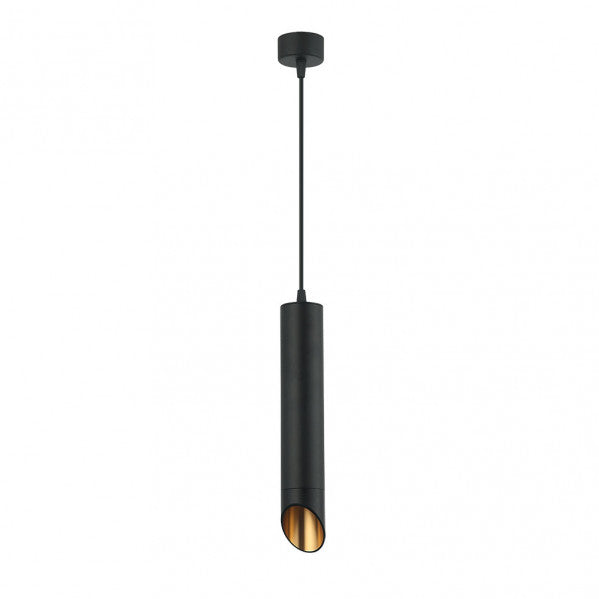 Colgante Nakhon de Abrila en negro y oro, diseño minimalista moderno de aluminio con bombilla GU10, medidas 5.3x5.3 cm, ideal para iluminación interior directa y decoración doméstica.