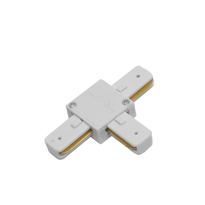 Conector Pindal blanco en T para carril de iluminación técnica; aluminio y policarbonato, Fabrilamp, modelo 1443CONECT-T-BL
