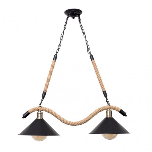 Lámpara rústica colgante con cabo de cuerda de cáñamo negro, portalámparas 2xE27 en metal vintage de Abrila, ideal para decoración interior rústica y estilo industrial.