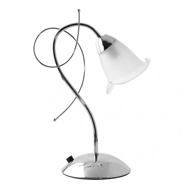 Lámpara sobremesa Adelfa en cromo con base de metal y cristal, diseño clásico de Abrila (modelo 150971020), ideal para decoración interior doméstica con bombilla E14.