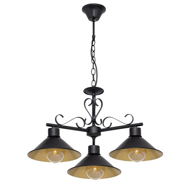 Lámpara Azalea de Abrila en negro y oro, diseño rústico vintage de metal con tres bombillas E27, dimensiones 54x54 cm, ideal para decoración interior de salón.