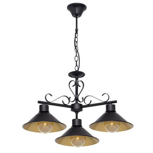 Lámpara Azalea de Abrila en negro y oro, diseño rústico vintage de metal con tres bombillas E27, dimensiones 54x54 cm, ideal para decoración interior de salón.