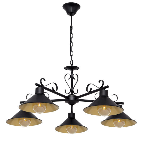 Lámpara colgante Azalea de Abrila, modelo 151055016, en negro y oro con 5 luces E27, diseño rústico vintage de metal para decoración interior de salón, dimensiones 74x74 cm
