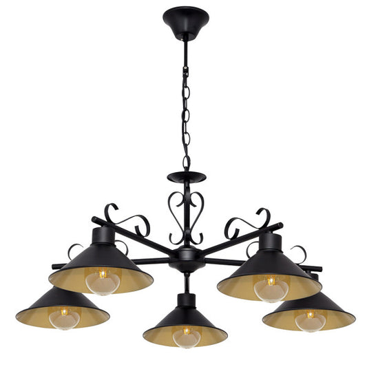Lámpara colgante Azalea de Abrila, modelo 151055016, en negro y oro con 5 luces E27, diseño rústico vintage de metal para decoración interior de salón, dimensiones 74x74 cm