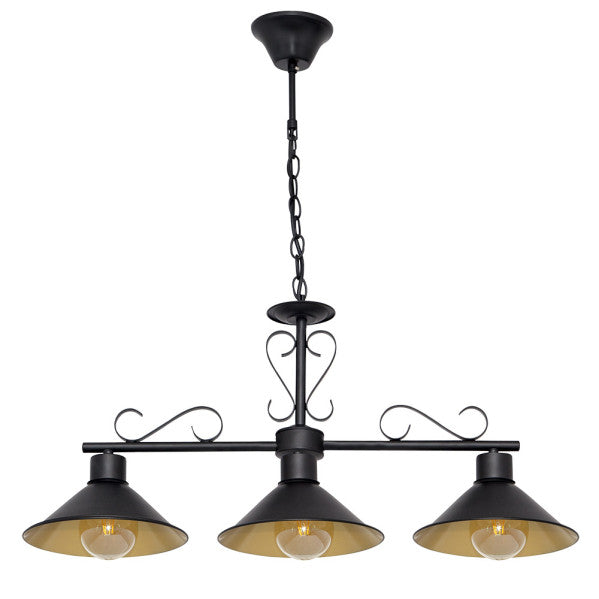 Lámpara colgante Azalea de Abrila en negro y oro, diseño vintage rústico de metal para casa de campo, 3xE27 para iluminación interior en salón grande, modelo 151093016