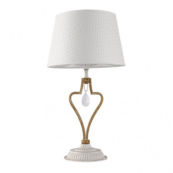 Lámpara de sobremesa Crasas 1xE14 en blanco y oro de Abrila (151571075), diseño vintage clásico con base metálica textil para decoración interior doméstica, luz difusa suave en interiores
