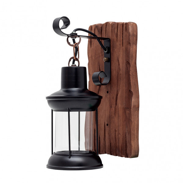 Aplique rústico de pared Finca Negro de Abrila, modelo 152061009, dimensiones 30x22x22 cm, diseño en metal, madera y cristal para decoración interior doméstica en estilo rústico.
