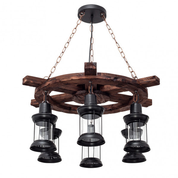 Lámpara colgante rústica Finca de Abrila en negro, diseño estilo campo con farol de cristal, metal y madera, 6xE27 para iluminación doméstica, referencia 152096009