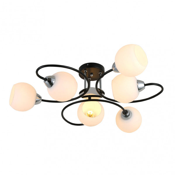 Lámpara colgante Fuji de Abrila en negro y cromo, modelo 6xE27 con cristal y metal, diseño moderno de 21x65x65 cm para decoración de salón o dormitorio interior.